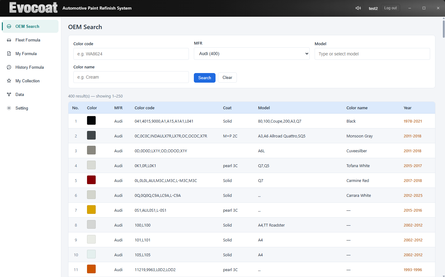 Evocoat Audi OEM color search results